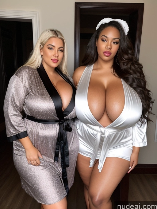 ai nude image of two women in lingersuits posing for a picture in a room pics of Woman Huge Boobs Perfect Boobs Lipstick Big Ass Thick Chubby Big Hips Tall Perfect Body Pubic Hair Long Hair White Hair Bathrobe Bra Satin Victorian Cleavage African