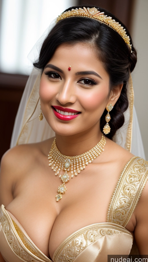 ai nude image of araffed woman in a wedding dress with a veil and jewelry pics of Woman Busty Huge Boobs Beautiful Lipstick Big Ass Fairer Skin 50s Happy Sexy Face Black Hair Straight Middle Eastern Skin Detail (beta) Close-up View Sari Wedding Traditional Partially Nude Jewelry Gold Jewelry Bright Lighting