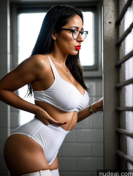 ai nude image of araffe woman in white underwear and glasses leaning against a wall pics of Woman One Tanned Skin Perfect Body Short Lipstick Beautiful Glasses Perfect Boobs 20s Serious Black Hair Long Hair Latina Prison Front View Blowjob Dominatrix Jumpsuit Stockings Stylish Jewelry