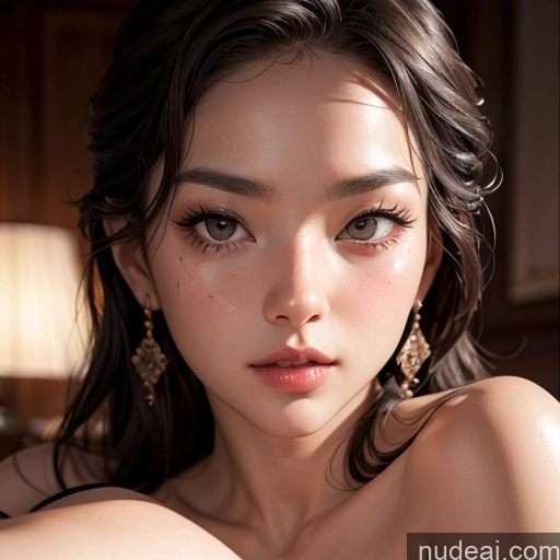 ai nude image of araffed asian woman with long dark hair and big earrings pics of Beautiful Seductive Skin Detail (beta) Close-up View Bright Lighting Detailed 20s Bikini Mongolian