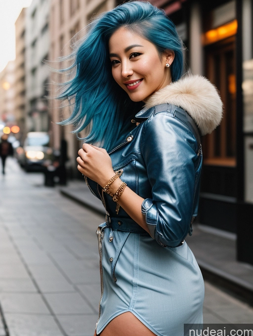 ai nude image of arafed woman with blue hair and a leather jacket on a city street pics of Woman One Busty Perfect Boobs Beautiful Big Ass Perfect Body 20s Blue Hair Korean Cleavage Detailed Bright Lighting Happy Messy Film Photo Street Boots Dress Jacket Jewelry Side View