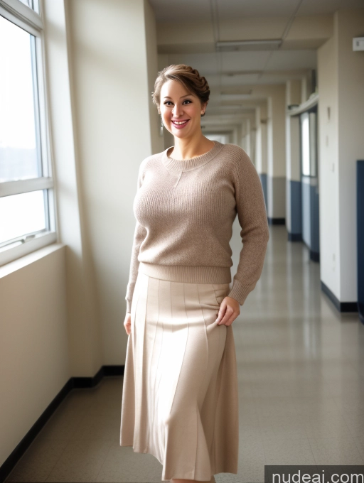 ai nude image of smiling woman in a skirt and sweater standing in a hallway pics of Wife Or Girlfriend Busty Perfect Boobs 50s Happy Brunette Pixie White Big Ass Big Hips Long Legs Pubic Hair Hairy Women Full Frontal Pantyhose Sweater Teacher Long Skirt School Hallway