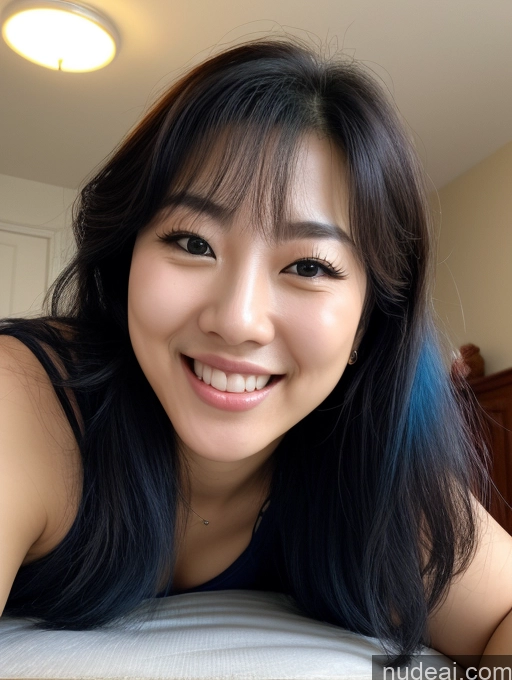 ai nude image of smiling woman laying on bed with blue hair and black eyes pics of Woman One Busty Perfect Boobs Big Ass Perfect Body 20s Blue Hair Messy Korean Cleavage Dark Lighting Blouse Beautiful Bedroom Close-up View Laughing Happy Plank