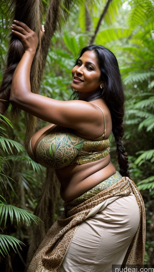 ai nude image of araffe woman in a sari posing in a forest pics of Milf Huge Boobs Beautiful Muscular Big Ass Abs Thick Tall Dark Skin 50s Indian Cleavage Sexy Face Fat Blouse Sari Tattoos Black Hair Braided Close-up View Jungle Jumping