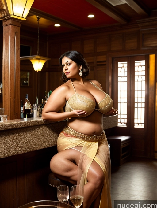 ai nude image of araffe woman in a gold dress sitting on a bar pics of Milf Huge Boobs Busty Fat Big Ass Beautiful Big Hips Thick Chubby 50s Bobcut Indian Transparent Skin Detail (beta) Topless Sari Traditional Bar