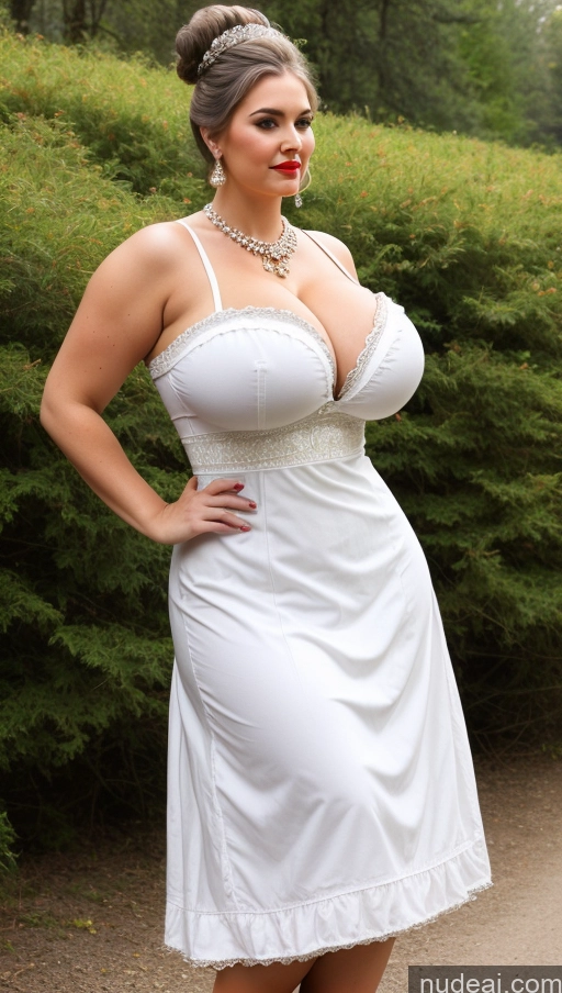 ai nude image of araffe woman in a white dress posing for a picture pics of Huge Boobs Perfect Boobs Busty Beautiful Big Ass Lipstick Thick Perfect Body Big Hips Chubby 60s Dirndl Western Pearl Jewelry Cleavage Hair Bun White Hair