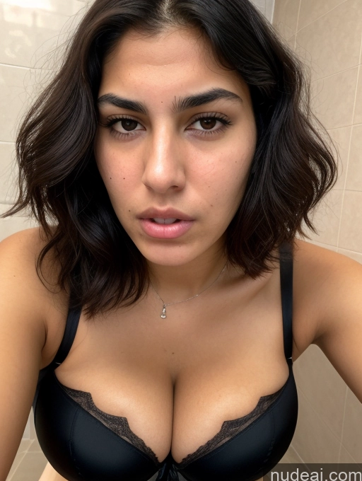 ai nude image of arafed woman in a black bra top taking a selfie pics of Pubic Hair Tanned Skin Tall Huge Boobs Black Hair Bobcut Front View Cleavage Jewish Corset Push-up Bra Sad Angry Eating Bathroom 18 Woman