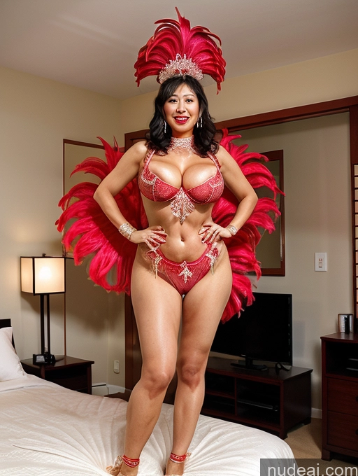 ai nude image of araffe woman in a red feathered costume posing on a bed pics of One Japanese Bedroom Dance Dress: Samba Milf Huge Boobs Lipstick Big Ass Thick Long Legs