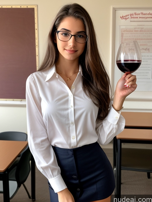 ai nude image of arafed woman in a white shirt and blue skirt holding a glass of wine pics of Sorority Beautiful Small Tits Perfect Body Glasses 18 Blouse Sexy Face Wine Teacher