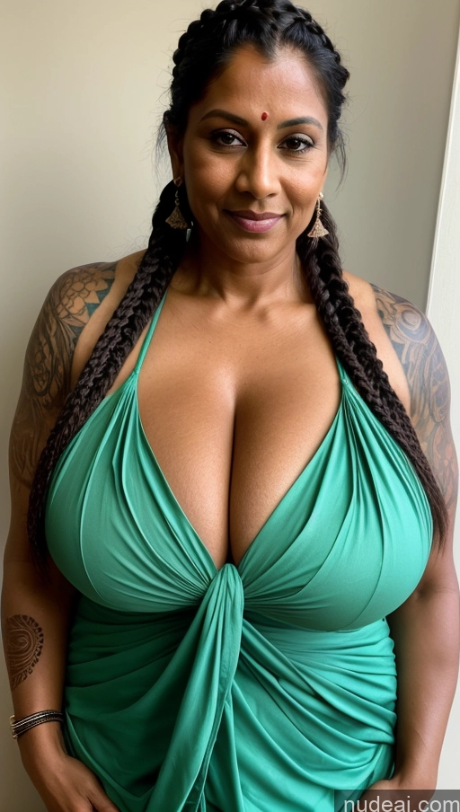 ai nude image of arafed woman in a green dress posing for a picture pics of Milf Busty Huge Boobs Beautiful Tattoos Muscular Big Ass Abs Thick Big Hips Tall Dark Skin 50s Indian Lake Close-up View T-pose Cleavage Sexy Face Ginger Braided Sari