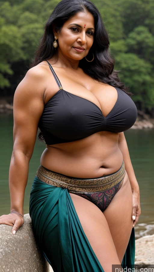 ai nude image of arafed woman in a black bikini and green skirt posing for a picture pics of Milf Busty Huge Boobs Beautiful Muscular Big Ass Thick Big Hips Tall Indian Cleavage Sexy Face Tattoos Dark Skin Long Hair Abs Black Hair T-pose Blouse Lake Fat 70s Sari Close-up View