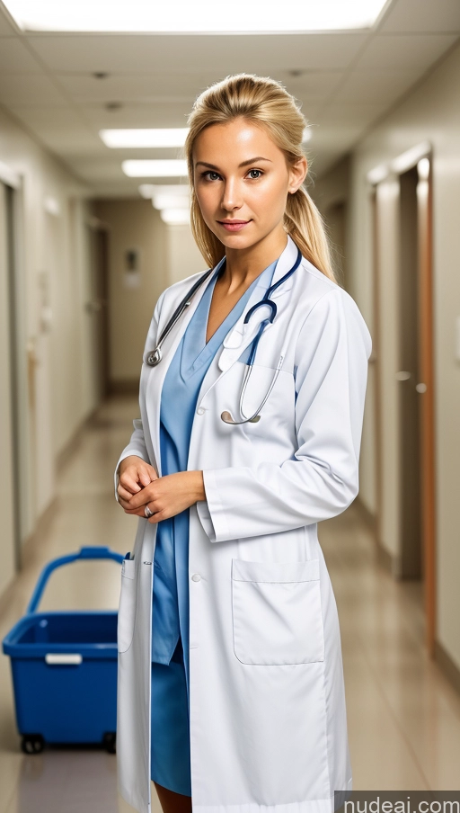 ai nude image of arafed female doctor in a white coat and blue scrub suit pics of One Small Tits Skinny 18 Serious Blonde Ponytail Skin Detail (beta) Hospital Bright Lighting Detailed Swedish Doctor Short