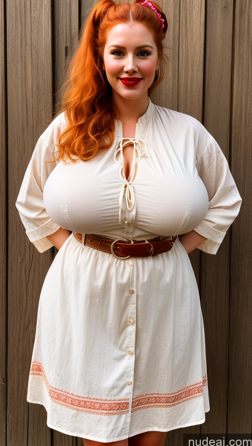 ai nude image of arafed woman with red hair and a white dress posing for a picture pics of Huge Boobs Perfect Boobs Lipstick Thick Big Hips Perfect Body Big Ass Western Ginger Fairer Skin Vintage Pubic Hair Beautiful Busty Hair Bun Happy Seductive Traditional Tunic