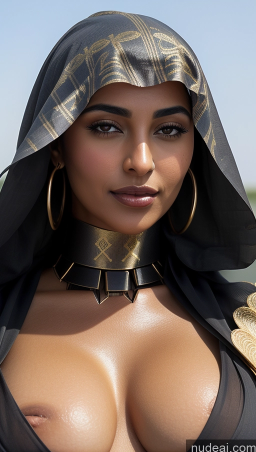 ai nude image of araffe woman in a black dress with a black scarf and gold jewelry pics of Tanned Skin Arabic Close-up View Futuristicbot V2 Huge Tits, Hard Nipples Dark Skin Busty