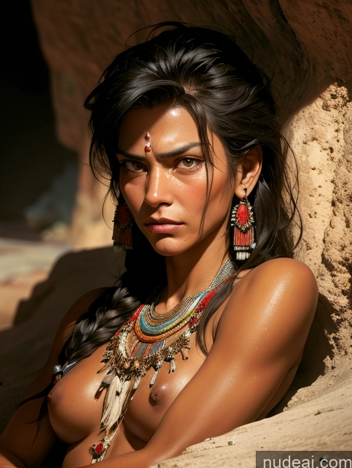 ai nude image of arafed woman with a necklace and earrings sitting in a stone wall pics of Tanned Skin Native American Tribal Jewelry GZCfinal Art By Boris Vallejo Boris Vallejo Art Style Fr4z3tt4 Sad Serious Bangs Cave On Back Haigure Pose