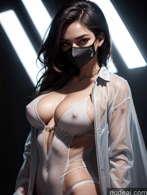 ai nude image of arafed woman in a sheered white lingerie with a mask on pics of Jumping Dynamic View Muscular Busty Serious Seductive Dark Lighting 18 Trench Coat Athlete Abs Mesh Alternative Transparent Asian Ninja Military Face Mask Medieval