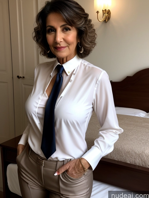 ai nude image of there is a woman in a white shirt and tie standing in front of a bed pics of Milf Perfect Boobs Beautiful Perfect Body Pubic Hair 70s Pixie Arabic Bedroom Nude Blouse Casual Professor Shirt Stylish Suit Cleavage Dark Lighting Detailed