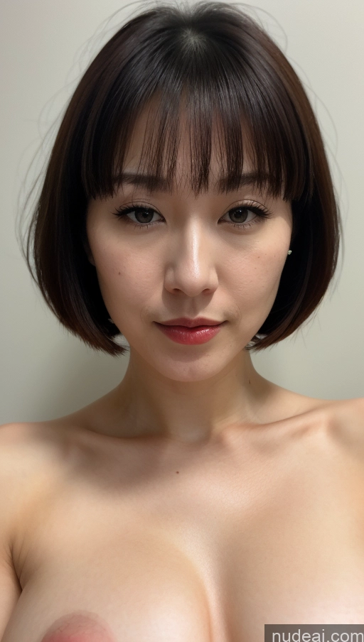 ai nude image of arafed asian woman with a very big breast posing for a picture pics of Woman One Beautiful Fairer Skin 30s Black Hair Skin Detail (beta) Close-up View Japanese Huge Boobs Lipstick Bobcut