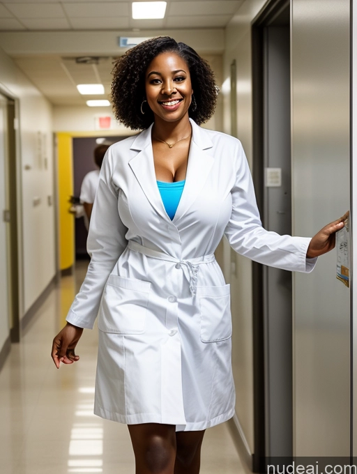 ai nude image of smiling woman in white lab coat standing in hallway of hospital pics of Skinny Happy Busty Huge Boobs 40s Sorority African Hospital Bright Lighting Lab Coat Cleavage