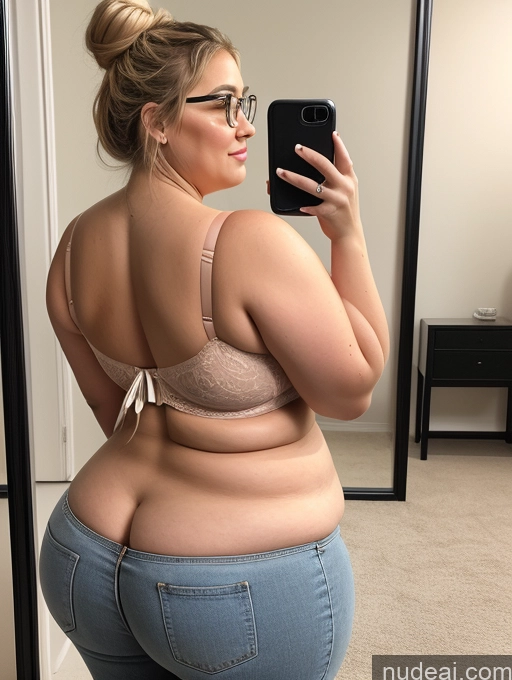 ai nude image of araffe woman taking a selfie in a mirror with her cell phone pics of Woman Busty Huge Boobs Beautiful Glasses Big Ass Thick Fat Chubby Big Hips Short 18 Blonde Hair Bun Latina Mirror Selfie Bra