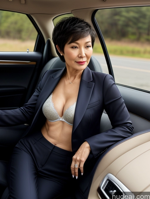 ai nude image of woman in a car with a suit and bra top sitting in the back seat pics of Milf Perfect Boobs Beautiful Perfect Body Short Hair 70s Chinese Car Bra Jacket Professor Stylish Suit Cleavage Detailed Sexy Face