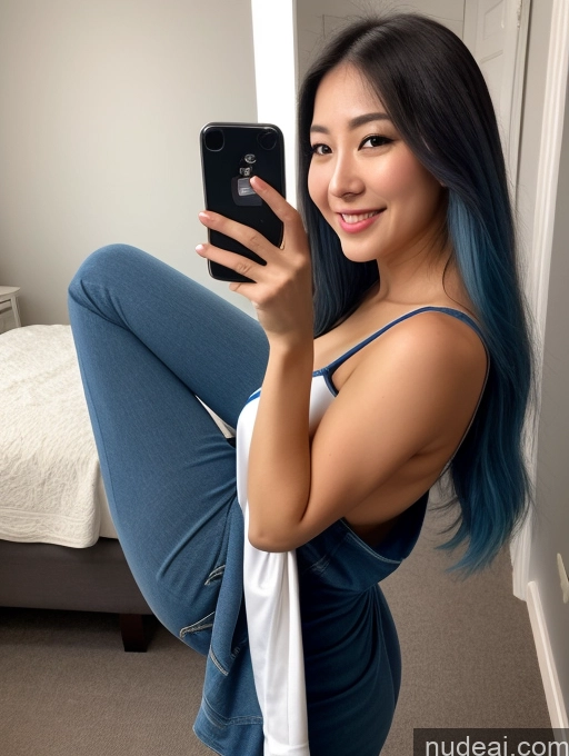 ai nude image of arafed woman with blue hair taking a selfie in a mirror pics of Woman One Busty Perfect Boobs Big Ass Perfect Body 20s Happy Blue Hair Long Hair Korean Mirror Selfie Bedroom Close-up View T-pose Dress Jacket Cleavage Jewelry Dark Lighting Detailed