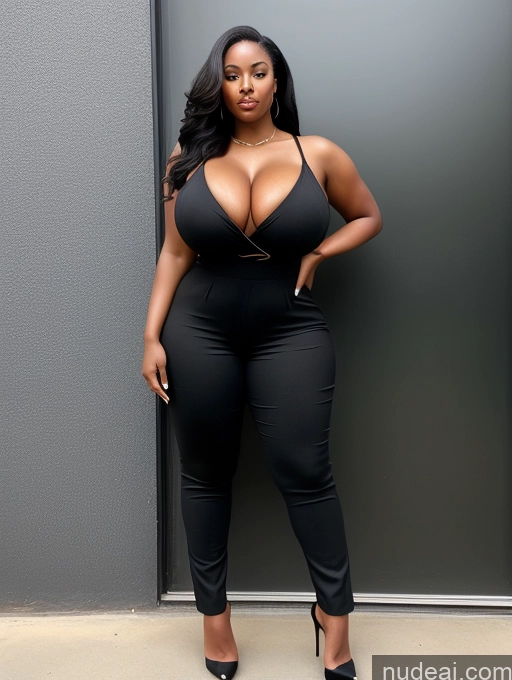 ai nude image of a woman in a black jumpsuit posing for a picture pics of Woman One Huge Boobs Perfect Boobs Big Ass Thick Big Hips Perfect Body 30s Sexy Face Black Hair Long Hair African High Heels Cleavage Jumpsuit