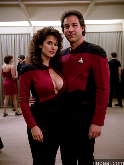 ai nude image of they are dressed in red and black for a formal event pics of Woman + Man Several Busty Big Ass Chubby Big Hips Fairer Skin 30s Brunette Messy White Film Photo Party Star Trek TNG Uniforms: Captains Cleavage Dark Lighting Detailed