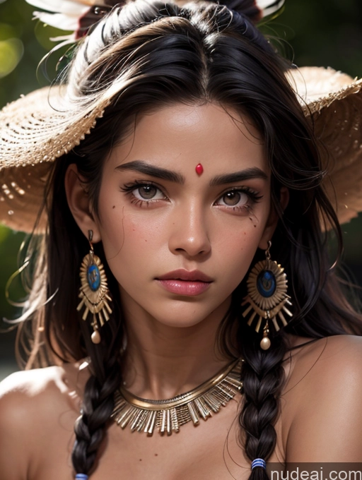 ai nude image of arafed woman with a straw hat and blue dress and earrings pics of Model Beautiful 20s Skin Detail (beta) Close-up View Bright Lighting Detailed Native American Tanned Skin Tribal Jewelry Sad