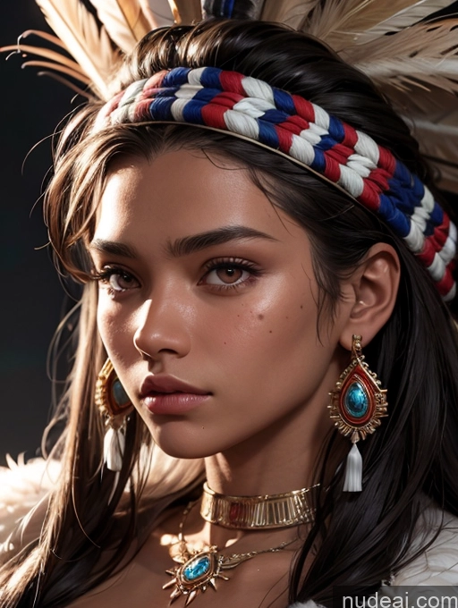 ai nude image of a close up of a woman wearing a headdress and feathers pics of Model Beautiful 20s Skin Detail (beta) Close-up View Bright Lighting Detailed Native American Tanned Skin Tribal Jewelry Sad KendalJenner, Ohwx, Ohwx Womm Fr4z3tt4