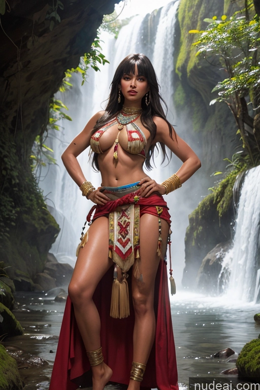 ai nude image of arafed woman in a red dress standing in front of a waterfall pics of Tanned Skin Bangs Native American Art By Boris Vallejo Boris Vallejo Art Style Tribal 20s KendalJenner, Ohwx, Ohwx Womm Perfect Body Traditional Long Skirt Waterfall Forest Mexico City