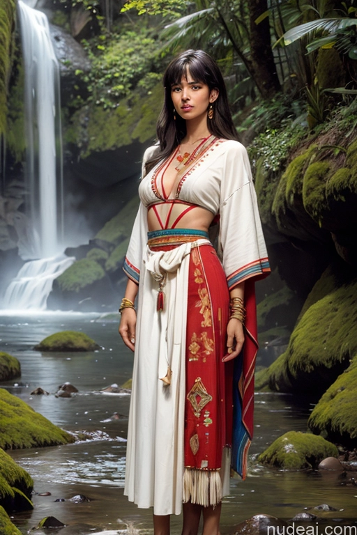 ai nude image of arafed woman in a red and white dress standing in front of a waterfall pics of Tanned Skin Bangs Native American Art By Boris Vallejo Boris Vallejo Art Style Tribal 20s KendalJenner, Ohwx, Ohwx Womm Perfect Body Traditional Long Skirt Waterfall Forest Mexico City