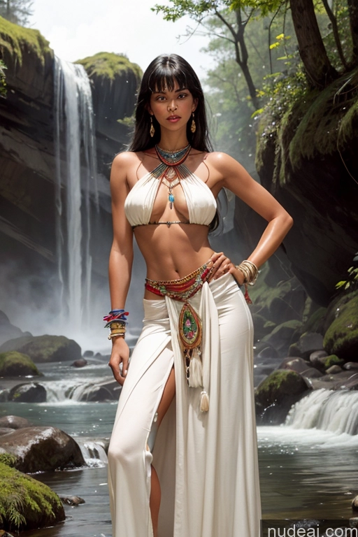 ai nude image of araffe woman in a white dress standing in front of a waterfall pics of Tanned Skin Bangs Native American Art By Boris Vallejo Boris Vallejo Art Style Tribal 20s KendalJenner, Ohwx, Ohwx Womm Perfect Body Traditional Long Skirt Waterfall Forest Mexico City