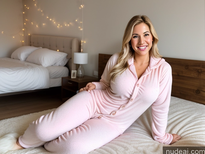 ai nude image of blonde woman in pink pajamas laying on bed in bedroom with lights pics of Woman One Busty 20s Happy Blonde White Detailed Bedroom Onesie