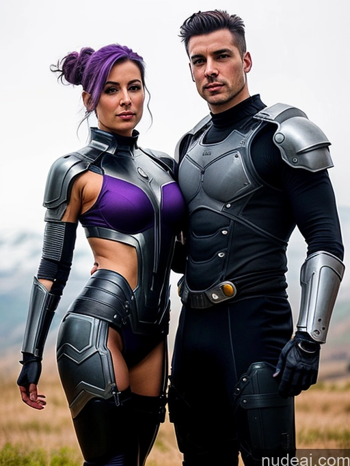 related ai porn images free for Woman + Man Two Muscular Pubic Hair 60s Seductive Purple Hair Russian Cyborg Style Cyborg Android Hair Bun Sci-fi Armor Front View