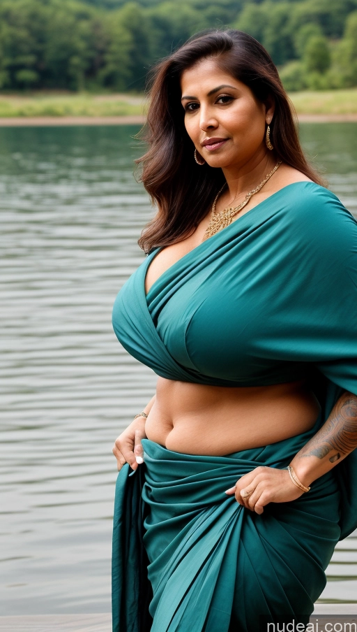 ai nude image of sexy indian woman in green sari posing by the water pics of Milf Huge Boobs Beautiful Tattoos Muscular Big Ass Thick Fat Big Hips Tall Dark Skin Indian Sexy Face Long Hair Ginger Blouse Sari 60s Close-up View Jumping Lake