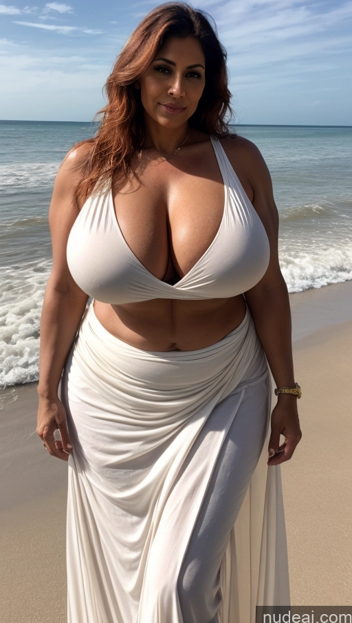 ai nude image of arafed woman in a white dress on the beach pics of Milf Huge Boobs Beautiful Tattoos Muscular Big Ass Thick Big Hips Tall Indian Sexy Face Long Hair T-pose Abs 50s Dark Skin Busty Blouse Long Skirt Fat Ginger Close-up View Beach