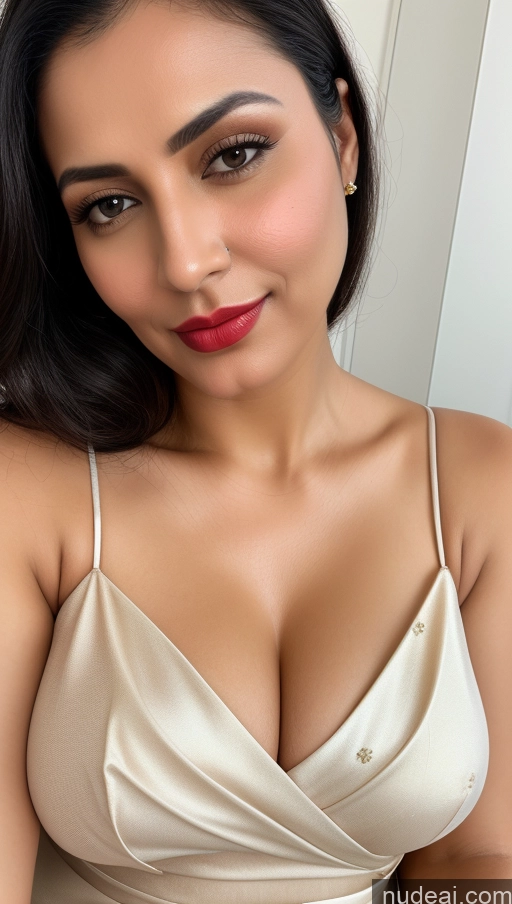 ai nude image of araffed woman in a white dress posing for a picture pics of Woman One Beautiful Lipstick Fairer Skin Black Hair Skin Detail (beta) 40s Busty Perfect Boobs Thick Slicked White Blouse Sari Cleavage Close-up View