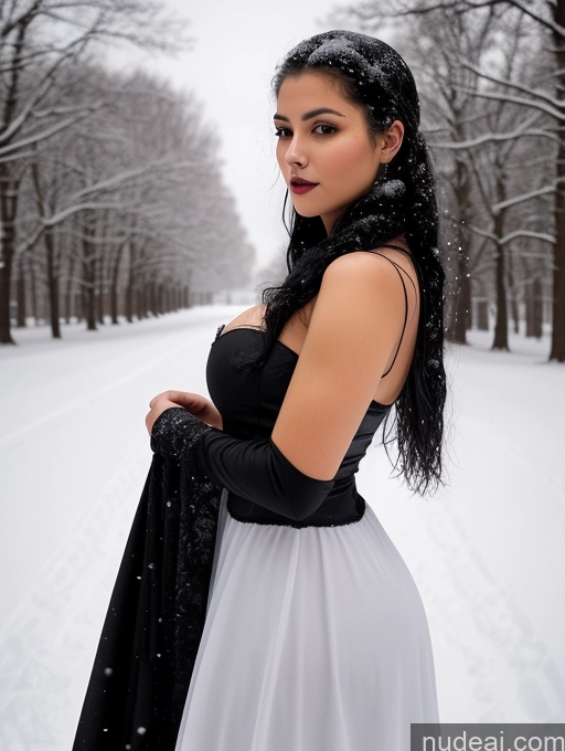 ai nude image of arafed woman in a white dress and black gloves standing in the snow pics of Woman Two Big Ass Thick Big Hips Short Perfect Body Beautiful Serious Seductive Dress Long Skirt Bright Lighting Detailed 18 Goth Busty Snow Perfect Boobs Chubby Russian Witch Black Hair Side View