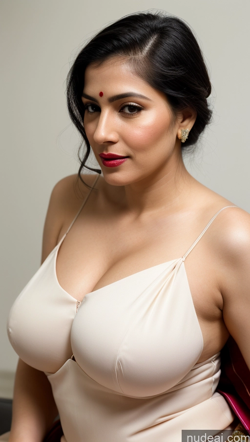 ai nude image of there is a woman in a white dress posing for a picture pics of Woman One Fairer Skin Black Hair Skin Detail (beta) 40s Close-up View Lipstick Huge Boobs Thick Beautiful Sari Slicked White