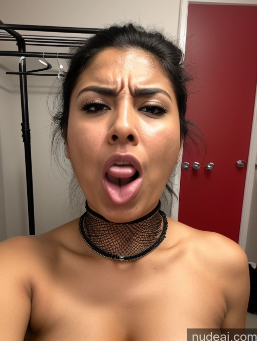 ai nude image of arafed woman with a choke and a choker making a face pics of Big Ass Thick Big Hips Short Pubic Hair Tanned Skin 30s Black Hair Hair Bun Indian Changing Room Jewelry Angry Blowjob Fishnet