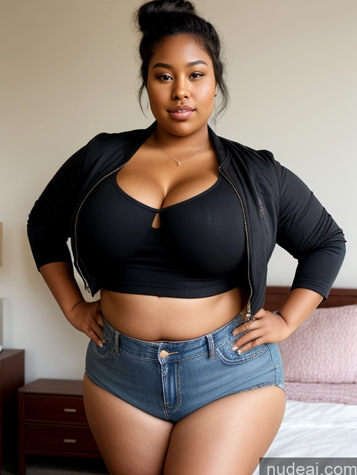 ai nude image of there is a woman in a black top and blue shorts posing for a picture pics of Woman Busty Perfect Boobs Beautiful Big Ass Thick Chubby Fat Big Hips Short Tanned Skin Dark Skin 18 Black Hair Hair Bun Asian Bedroom Crop Top Jacket Jeans