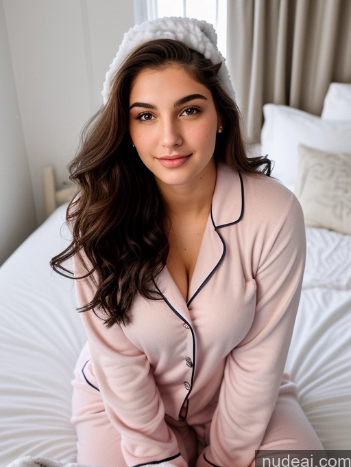 ai nude image of arafed woman in pink pajamas and white hat sitting on a bed pics of Sorority Beautiful 18 Sexy Face Jewish Snow Busty Perfect Body Pajamas