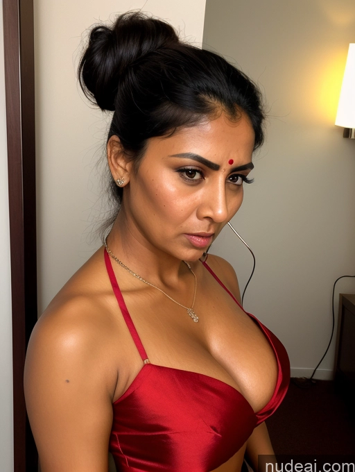 ai nude image of there is a woman in a red top posing for a picture pics of Busty Short Thick Big Ass Pubic Hair Tanned Skin 40s Serious Angry Black Hair Indian Changing Room Blouse Sari Hair Bun Cumshot