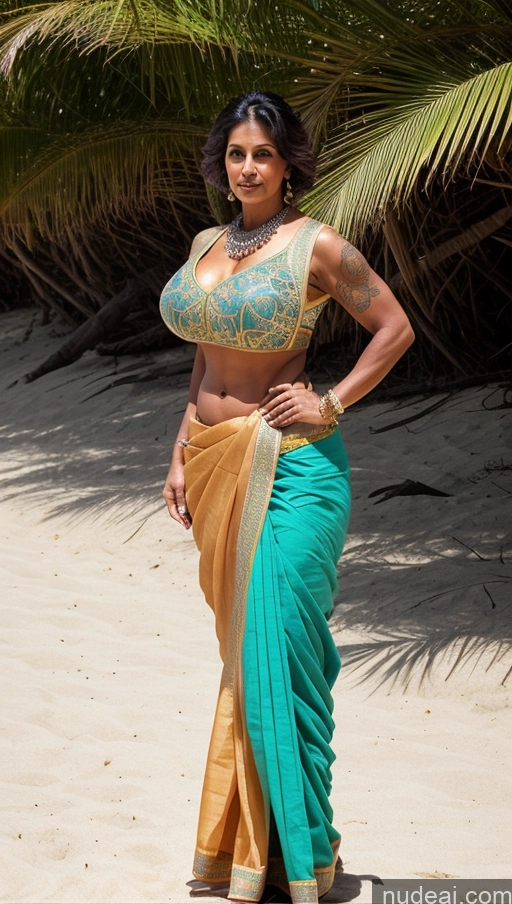 ai nude image of araffe woman in a sari posing on the beach pics of Milf Huge Boobs Beautiful Tattoos Muscular Big Ass Abs Thick Big Hips Tall Dark Skin 50s Indian Detailed Sexy Face Blouse Brunette Sari T-pose Pixie Front View Beach