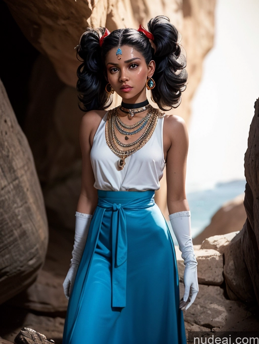 Tanned Skin Serious Straight Native American Cave Long Skirt Tribal Jewelry Style Of 80scartoon Fr4z3tt4 Aausagi, Double Bun, Twintails, Parted Bangs, Circlet, Jewelry, Earrings, Choker, Red Bow, White Gloves, Elbow Gloves, Blue Skirt