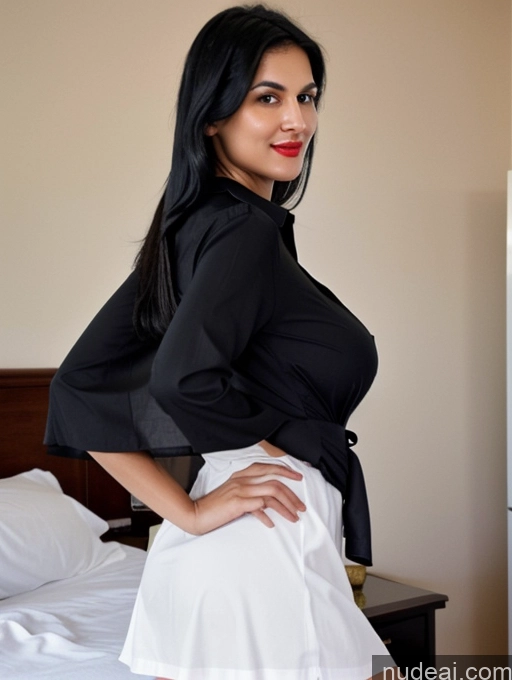 ai nude image of there is a woman posing on a bed with a black shirt pics of Perfect Boobs Beautiful Lipstick Big Ass Long Legs Perfect Body 30s Seductive Black Hair Indian Bedroom Front View Spreading Legs Dress Long Skirt Polo Shirt Woman + Man Busty Abs Tall Long Hair Sexy Face