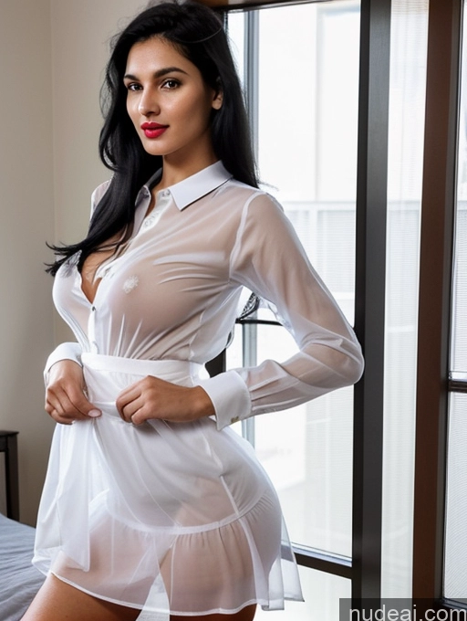 ai nude image of araffe woman in a white shirt and skirt posing on a bed pics of Perfect Boobs Beautiful Lipstick Big Ass Long Legs Perfect Body 30s Seductive Black Hair Indian Bedroom Front View Spreading Legs Dress Long Skirt Polo Shirt Woman + Man Busty Abs Tall Long Hair Sexy Face Transparent