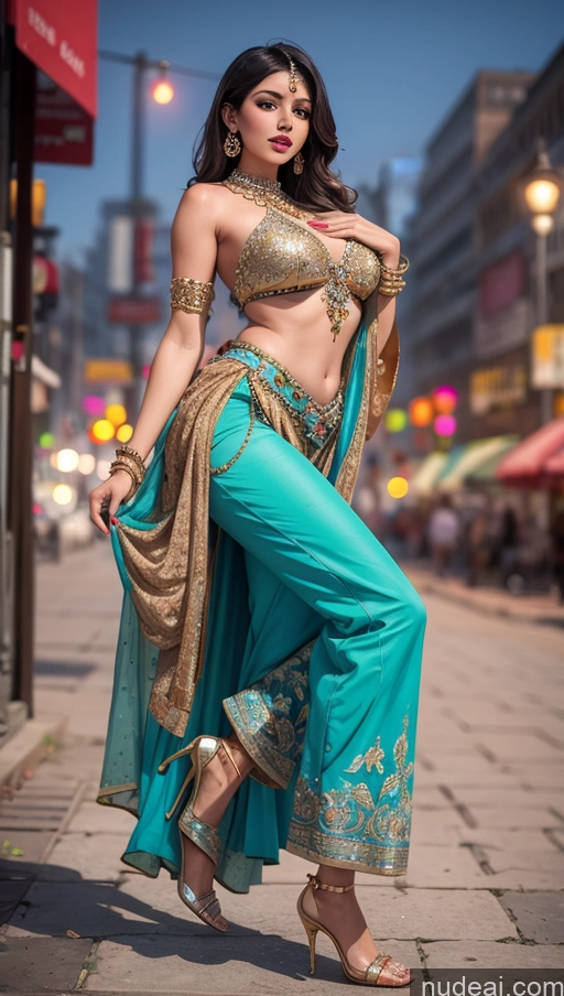 ai nude image of araffe in a blue sari and gold top posing on a city street pics of Woman Indian Beautiful Pakistani Dress Delhi Detailed High Heels