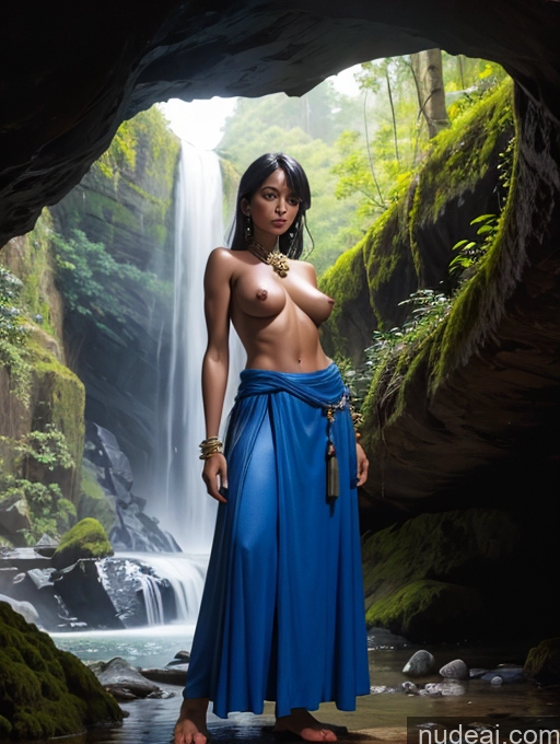 ai nude image of arafed woman in blue dress standing in front of a waterfall pics of Tanned Skin Dark Skin Bangs Native American Cave Traditional Jewelry Waterfall Forest Topless Woman Breasts Fantasy Style Jeff Easley Fr4z3tt4 Wife Or Girlfriend Long Skirt